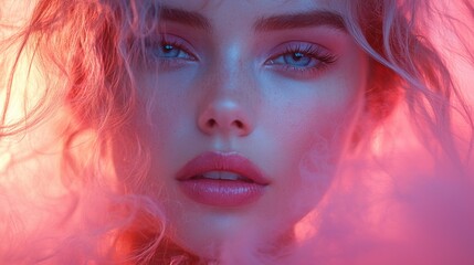 Fototapeta premium Artistic close-up portrait of a woman in pink and orange hues