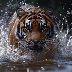 A majestic tiger splashes through water, showcasing its strength and beauty in a natural setting.