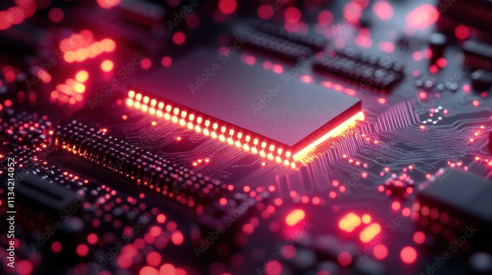Poster illuminated circuit board: a close-up of a microchip's glowing core