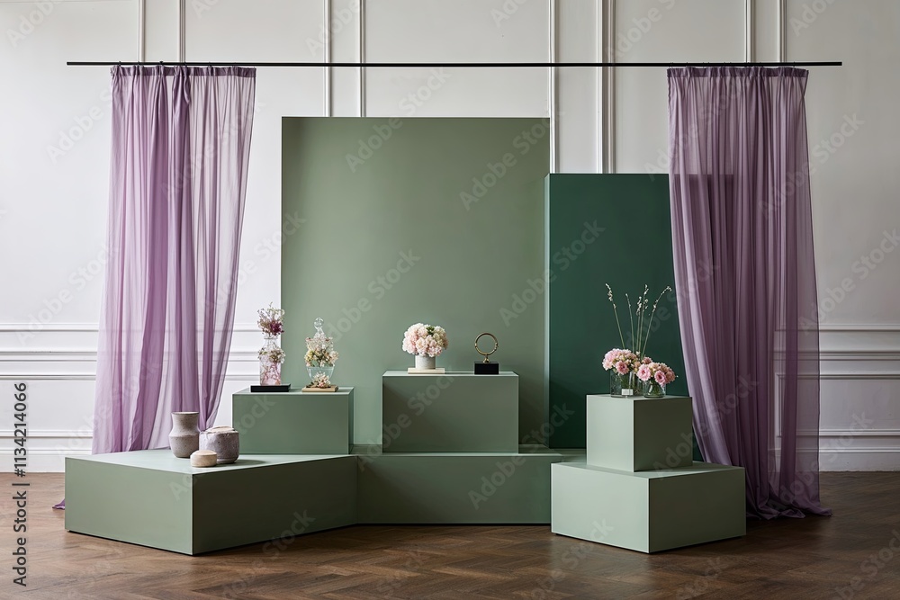 Poster elegant 3d display platform with soft green background and flowing lavender chiffon curtain