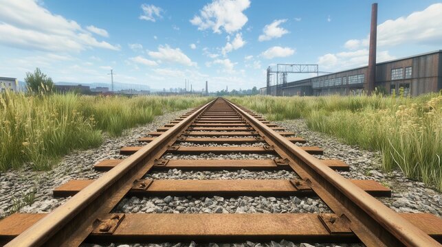 Rusty train tracks leading to an abandoned industrial plant, surrounded by overgrown weeds 