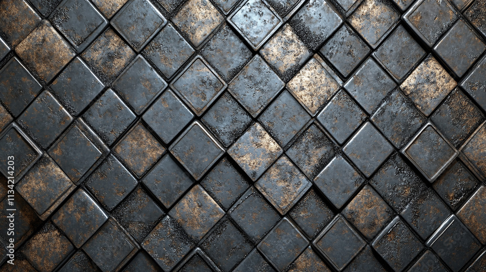 Poster a close-up view showcasing a textured black tile wall, geometrically styled with square patterns, ex