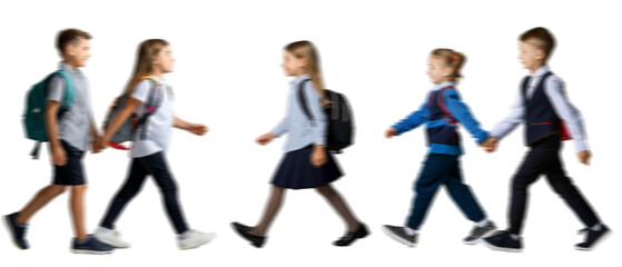 Motion blur walking school kids boy girl silhouettes isolated on transparent background PNG for photo scenes	
