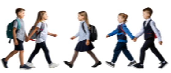 Motion blur walking school kids boy girl silhouettes isolated on transparent background PNG for photo scenes	
