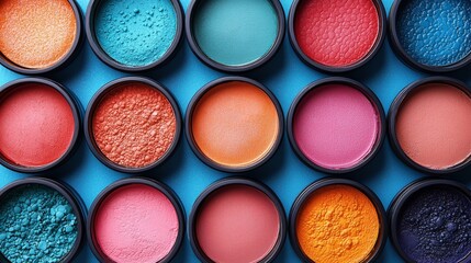 Colorful powdered pigments arranged in circular containers