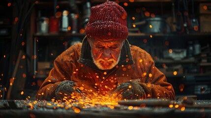 Elderly man welding metal, sparks flying.