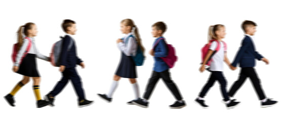 Motion blur walking school kids boy girl silhouettes isolated on transparent background PNG for photo scenes	

