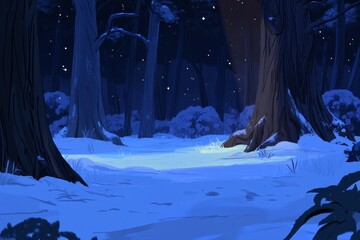 Enchanted Winter Forest Scene with Snowflakes Falling, Tall Trees, and Moonlit Ground Creating a Magical Evening Atmosphere