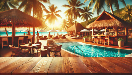 Obraz premium Empty summer holiday background. Empty bar counter panoramic in focus. Illustration.