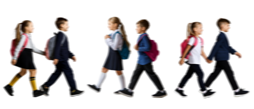 Motion blur walking school kids boy girl silhouettes isolated on transparent background PNG for photo scenes	
