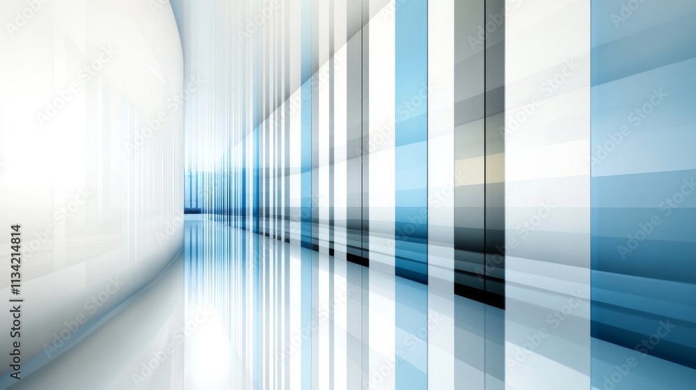 Poster abstract blue and white corridor with vertical lines and reflections