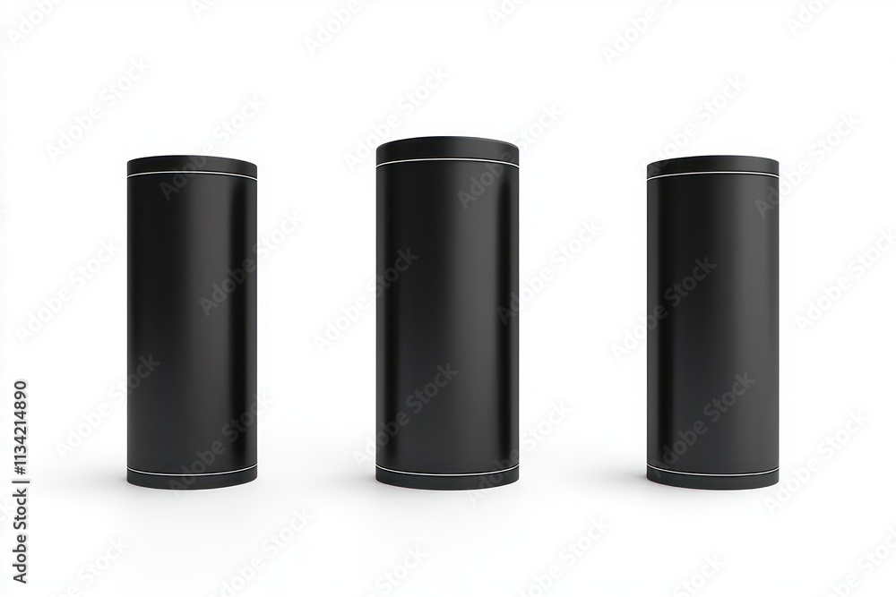 Poster three isolated views of a sleek black curved display stand on a white background.