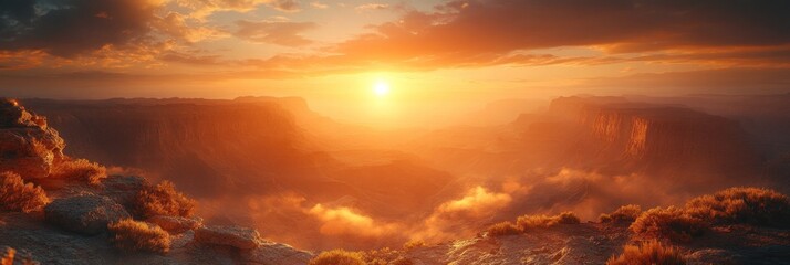 A breathtaking sunset over a canyon, illuminating the sky and landscape with warm hues.