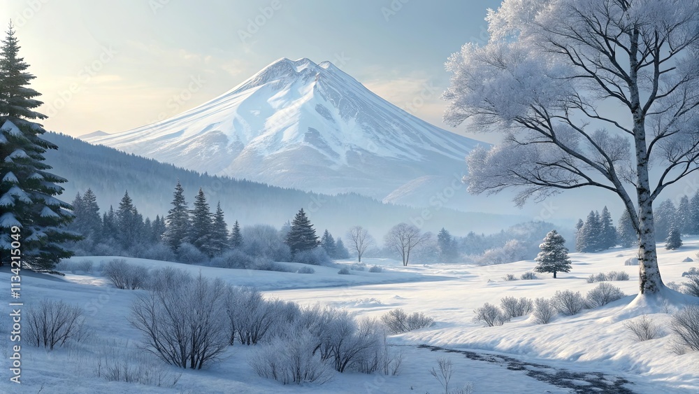 Poster A snowy mountain range with a tree in the foreground