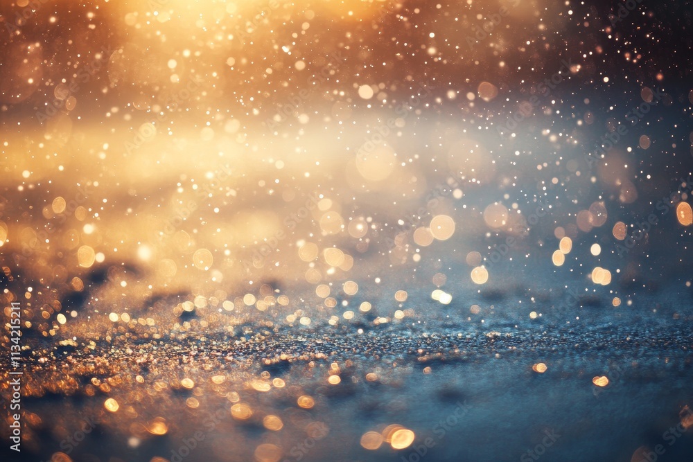 Poster enchanting scene of raindrops falling on a surface with glimmering bokeh effect captured in a soft, 