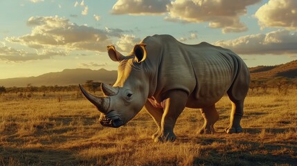 Fototapeta premium Majestic white rhinoceros in a golden savanna sunset.