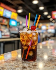 A refreshing drink with ice and colorful straws, topped with a cherry, served in a casual setting.