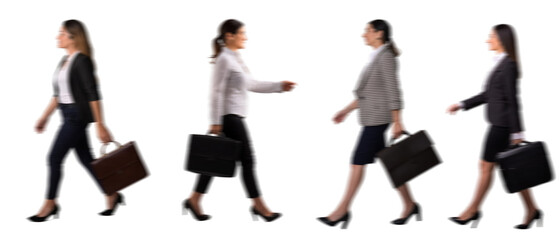 set of Motion Blur of walking Businesswomen Silhouettes with a Suitcase Isolated on Transparent Background PNG for Photo Scenes	
