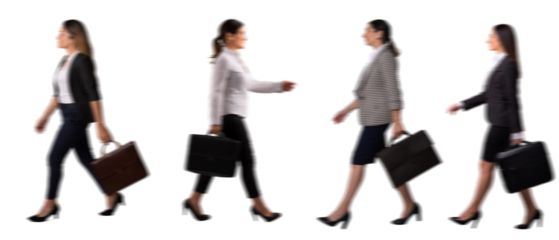 set of Motion Blur of walking Businesswomen Silhouettes with a Suitcase Isolated on Transparent Background PNG for Photo Scenes