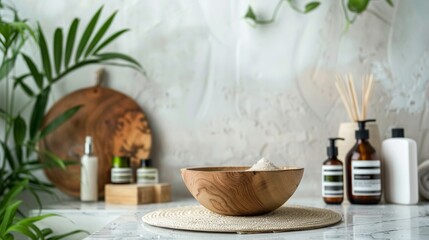 Natural wellness products arranged on a marble counter