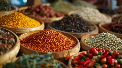 Vibrant selection of spices in bowls at a market