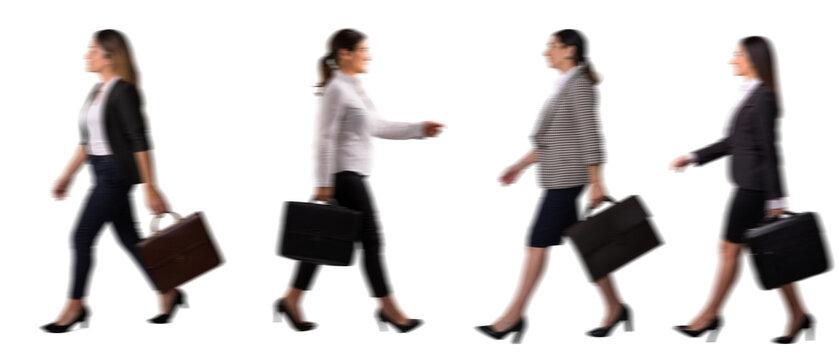 set of Motion Blur of walking Businesswomen Silhouettes with a Suitcase Isolated on Transparent Background PNG for Photo Scenes	
