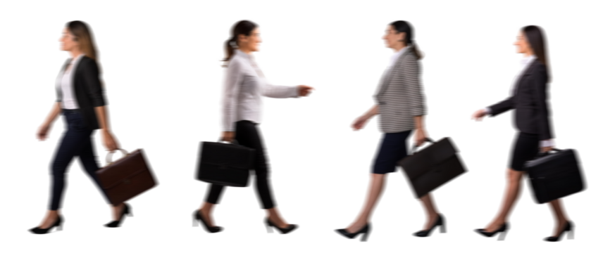 set of Motion Blur of walking Businesswomen Silhouettes with a Suitcase Isolated on Transparent Background PNG for Photo Scenes