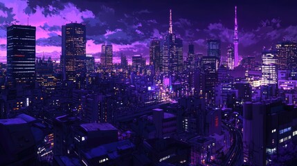 Tokyo City by Night, Anime and Manga drawing illustration, city views, purple neon