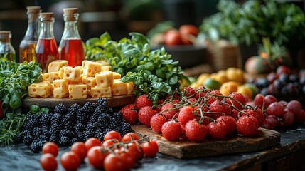 Rustic market display of fresh vegetables and herbs