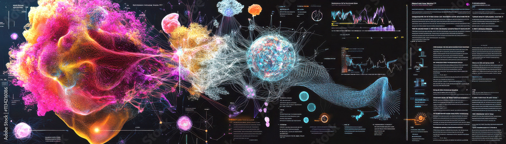 Poster a vibrant, dynamic infographic showcasing data visualization and artistic elements, blending colors 