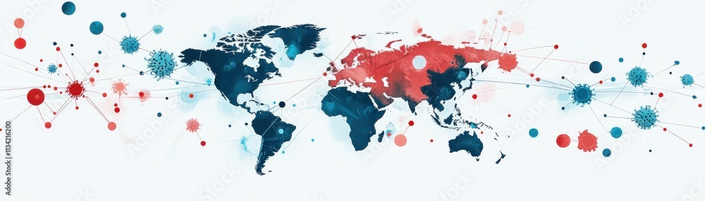 Poster a colorful abstract world map with vibrant splashes of red and blue, symbolizing interconnectedness 