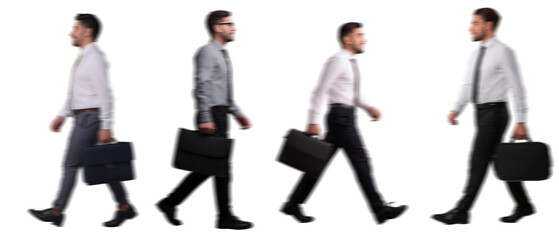 set of Motion Blur of walking Businessman Silhouettes with a Suitcase Isolated on Transparent Background PNG for Photo Scenes	

