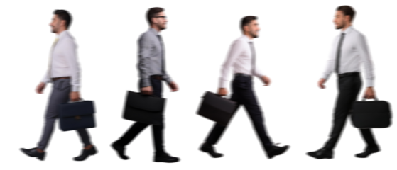 set of Motion Blur of walking Businessman Silhouettes with a Suitcase Isolated on Transparent Background PNG for Photo Scenes	

