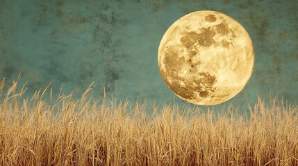 Harvest Moon Over Golden Grassland Field