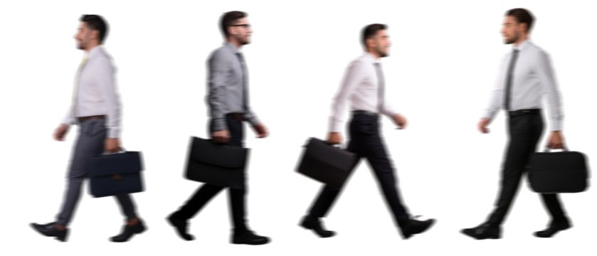 set of Motion Blur of walking Businessman Silhouettes with a Suitcase Isolated on Transparent Background PNG for Photo Scenes	
