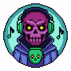 Pixel Art Skeleton DJ with Headphones and Music Notes   Retro Gaming and Digital Art