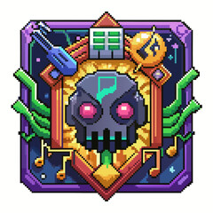 Colorful Pixel Art Alien Skull with Musical Elements in Vibrant Retro Style