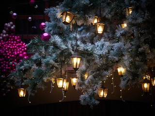 Christmas card with a tree, large pink Christmas balls and bright lanterns