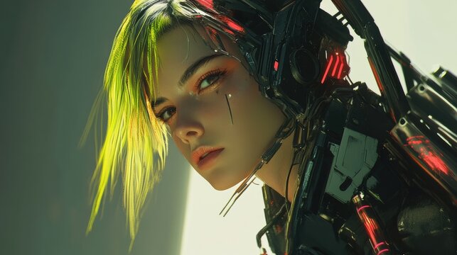 A bold portrait of a high-tech cyberpunk woman with sharp, angular features, glowing neon highlights in her hair, and a cybernetic arm equipped with futuristic tools, rendered in a sci-fi world 