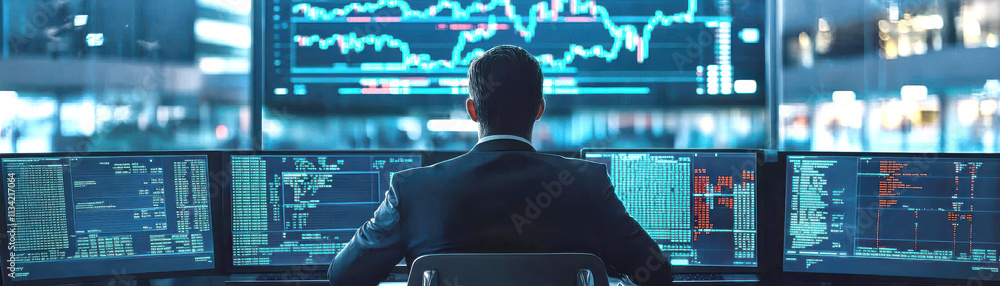 Poster a business professional analyzes data on multiple screens, surrounded by graphs and charts, in a mod