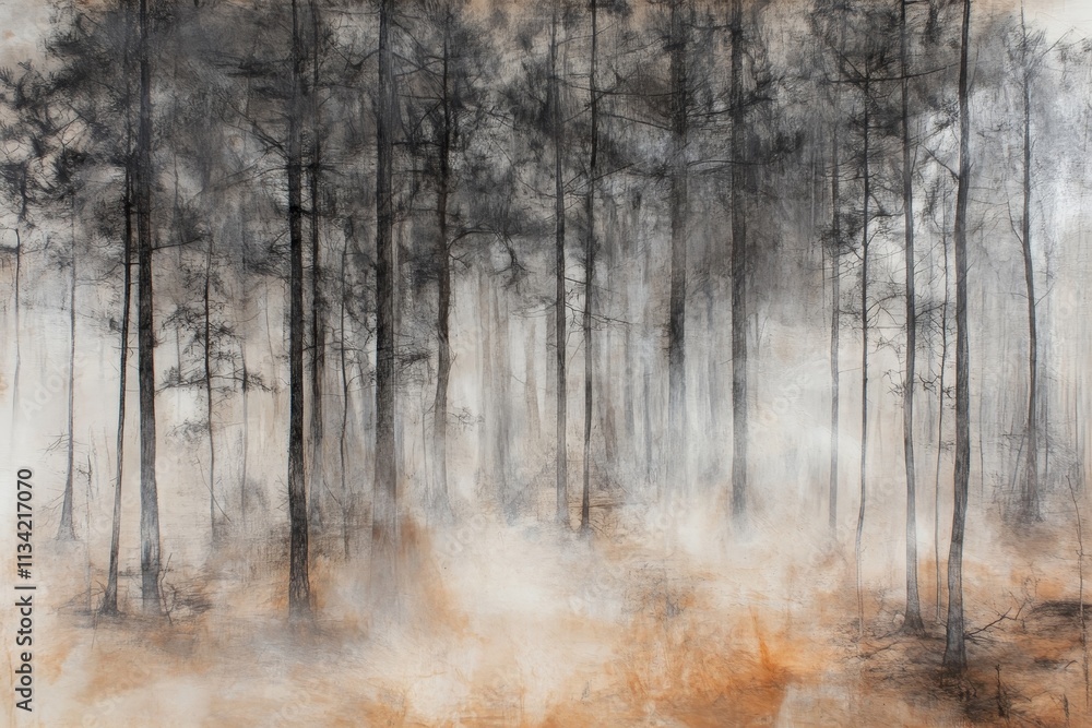 Poster ethereal forest landscape with tall trees in misty atmosphere creating a mystical and dreamy ambianc