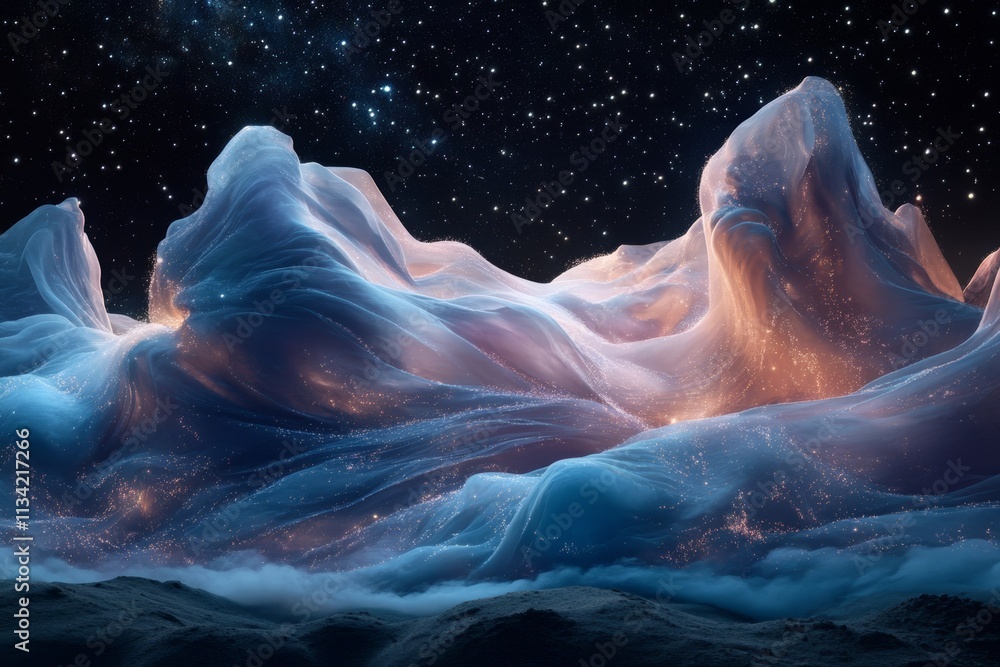 Poster ethereal landscape of colorful mountains under starry night sky with glowing particles and soft clou
