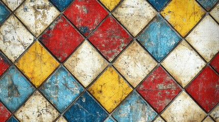 Vintage harlequin diamond pattern. Ceramic grunge textured old tile background. Abstract geometric pattern from white, blue, red and yellow tiles