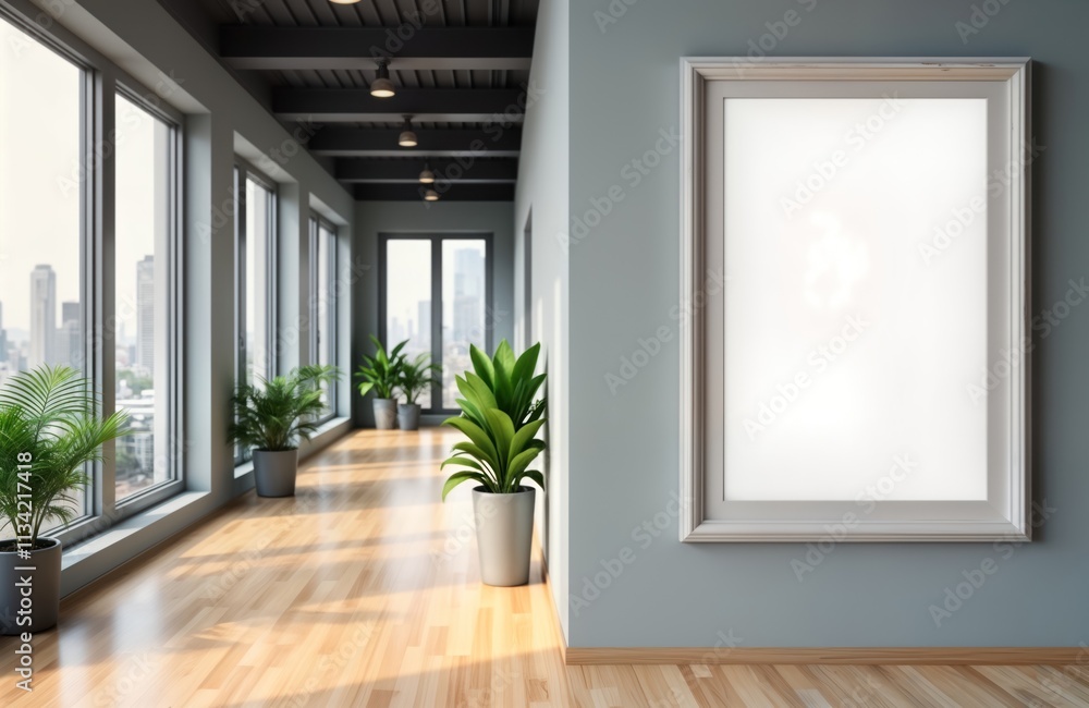 Poster modern office hallway mockup displays blank white frame. empty frame on light gray wall. sunlight sh