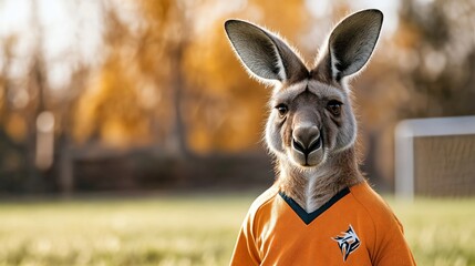 A kangaroo wearing a bright orange sports jersey, standing on a sunlit field with soft autumnal trees in the blurred background, creating a cheerful and dynamic vibe