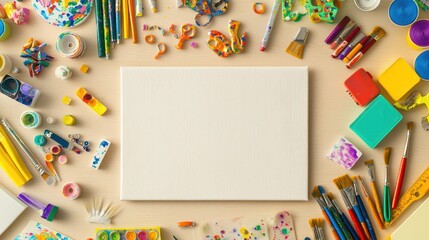 Aerial view of crafting tools on a wooden table, with a central blank canvas in focus.