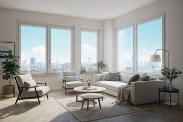 Fototapeta premium Contemporary Apartment Design Featuring Large Windows and Minimalist Aesthetic