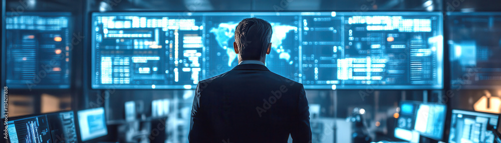 Aufkleber a professional analyzing data from multiple screens in a modern, high-tech control room.