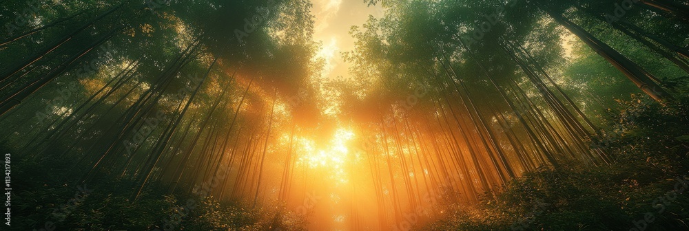 Poster serene forest scene with sunlight filtering through tall trees, creating a tranquil atmosphere.