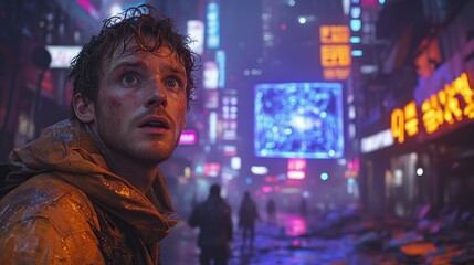 Man standing in a futuristic cyberpunk city with neon lights